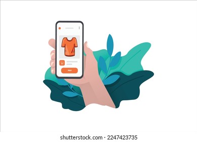 Ux design online shopping.  paid for mobile banking, Online order flat vector illustration. internet store. Hand holding 