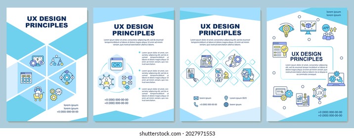 Plantilla de folleto de principios de diseño UX. Crear una interfaz atractiva. Volante, folleto, folleto impreso, diseño de portada con iconos lineales. Diseños vectoriales para presentación, informes anuales, páginas publicitarias