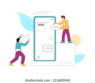 UX design process flat outline vector illustration. Male characters making web design for smartphone mobile app. Teamwork at creative agency.