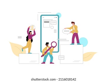 UX design process flat vector illustration. Tiny people work on mobile app design, moving buttons and icons across the screen, making better user experience.