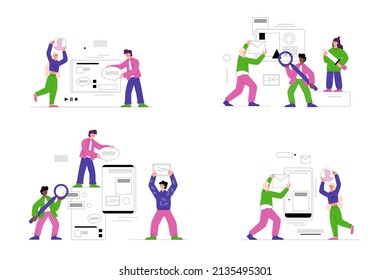 Ux design process, flat vector illustration set. People characters working on a user experience on computer project. Technology design team or agency making mobile app.