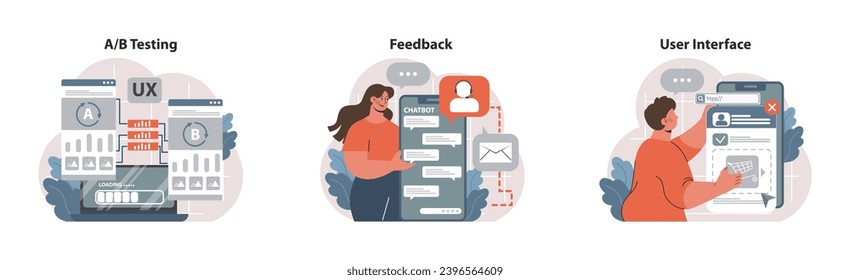 UX Design set. Digital AB testing, user feedback collection, streamlined mobile interface. Seamless navigation, enhanced user engagement. Flat vector illustration