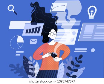 Ux design thinking and brainstorming. Team work process training of office staff. Increase sales and skills vector illustration. Business management teamwork flat style. Isolated on blue