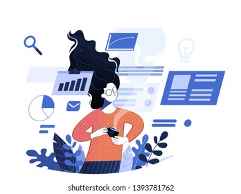 Ux design thinking and brainstorming. Team work process training of office staff. Increase sales and skills vector illustration. Business management teamwork flat style. Isolated on blue