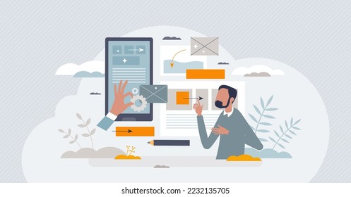 UX design or user experience with website interface and app layers alignment tiny person concept. Effective, responsive and easy creation process for project online management vector illustration.