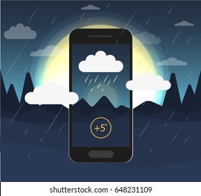 Ux design for weather forecast app. Mobile on the landscape's background. Dark concept  app design for smartphone