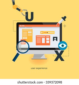UX design web infographic concept vector. User interface experience, usability, mockup, wireframe development .Optimizing user experience in e-commerce.