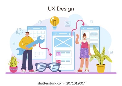 UX designer concept. App interface improvement. User interface design and user experience development. Modern digital design industry. Flat vector illustration
