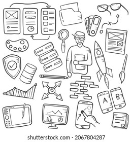 ux designer concept doodle hand drawn set collections with outline black and white style