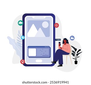  UX designer, developer, smartphone interface. Female cartoon character programming mobile phone application concept illustration