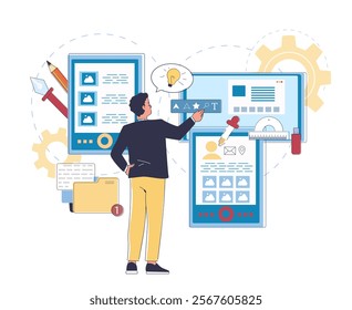 Ux designer man. Young guy developing ui design for website page. Freelancer and remote worker. Designer develops graphic elements for website. Linear vector illustration