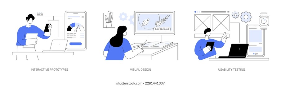 UX designer services abstract concept vector illustration set. Interactive prototypes, visual design, usability testing, user experience, style guide creation, software development abstract metaphor.