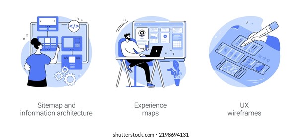 Flujo de trabajo de diseñador de UX con ilustraciones vectoriales de dibujos animados aisladas establecidas. Estudio de sitemap y arquitectura de la información, mapa de experiencia, trabajo con tutelas de UX, caricatura vectorial de procesos de desarrollo de aplicaciones.