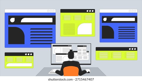 UX diseñador en la estación de trabajo concepto de ilustración 2D. Usuario multitarea. Diseño de la experiencia del usuario. Arte vectorial abstracto conceptual de la historieta del ordenador del espacio de trabajo digital. Metáfora plana en fondo del color
