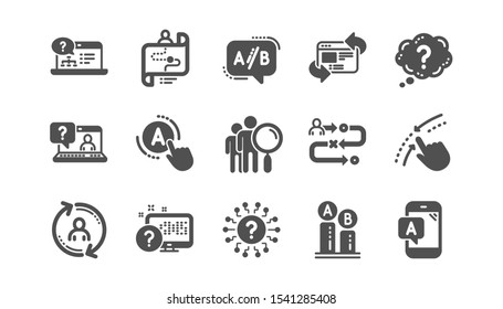 UX Icons. AB Testing, Journey Path Map And Question Mark. Quiz Test Classic Icon Set. Quality Set. Vector