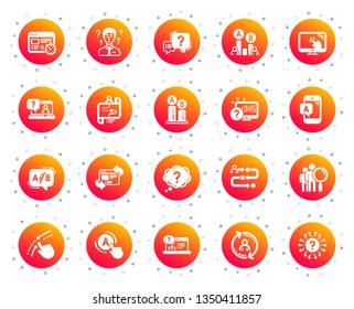 UX icons. Set of AB testing, Journey path map and Question mark icons. Usability quiz test, Ux Ui and User flow. Project process, ab testing graph, survey test results. Quiz question. Vector