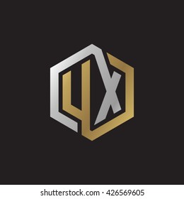 UX initial letters looping linked hexagon elegant logo golden silver black background