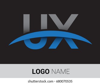 UX initial logo company name colored grey and blue swoosh design