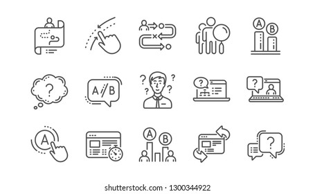 UX line icons. AB testing, Journey path map and Question mark. Quiz test linear icon set.  Vector