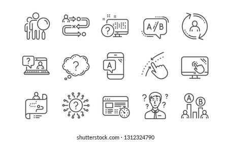 UX Line Icons. AB Testing, Journey Path Map And Question Mark. Quiz Test Linear Icon Set.  Vector