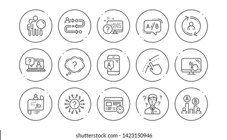 UX line icons. AB testing, Journey path map and Question mark. Quiz test linear icon set. Line buttons with icon. Editable stroke. Vector