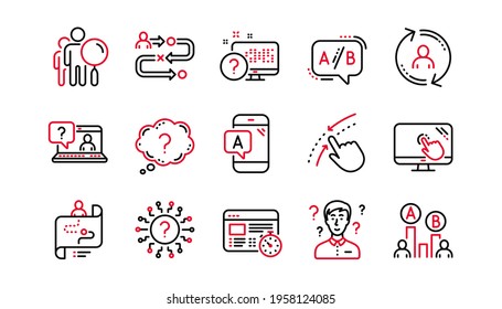 UX Line Icons. AB Testing, Journey Path Map And Question Mark. Quiz Test Linear Icon Set. Linear Set. Quality Line Set. Vector