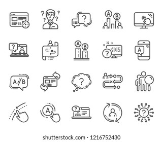 UX line icons. Set of AB testing, Journey path map and Question mark, survey icons. Usability quiz test, Ux Ui elements and User flow. Project process, ab testing graph, survey results. Quiz vector