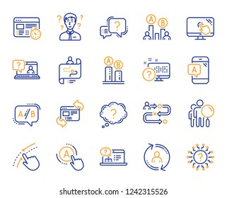 UX line icons. Set of AB testing, Journey path map and Question mark icons. Usability quiz test, Ux Ui and User flow. Project process, ab testing graph, survey test results. Quiz question. Vector