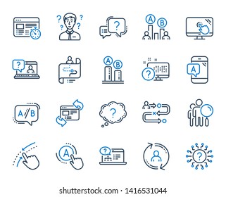 UX line icons. Set of AB testing, Journey path map and Question mark icons. Usability quiz test, Ux Ui and User flow. Project process, ab testing graph, survey test results. Quiz question. Vector