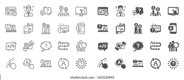 iconos de línea UX. Conjunto de pruebas AB, mapa de ruta de viaje y iconos de signo de interrogación. Prueba de prueba de capacidad de uso, Ux Ui y flujo de usuario. Proceso del proyecto, gráfico de pruebas de laboratorio, resultados de la encuesta. Pregunta con test. Vector