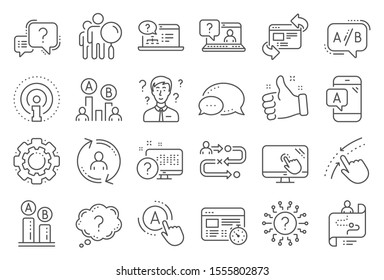 UX Line Icons. Set Of AB Testing, Journey Path Map And Question Mark Icons. Usability Quiz Test, Ux Ui And User Flow. Project Process, Ab Testing Graph, Survey Test Results. Quiz Question. Vector