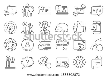 UX line icons. Set of AB testing, Journey path map and Question mark icons. Usability quiz test, Ux Ui and User flow. Project process, ab testing graph, survey test results. Quiz question. Vector