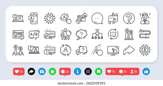 UX line icons. Social media: share, comment, like icons. Set of Question mark, AB testing and Journey path map icons. Usability quiz test, Ux Ui and User flow. Vector