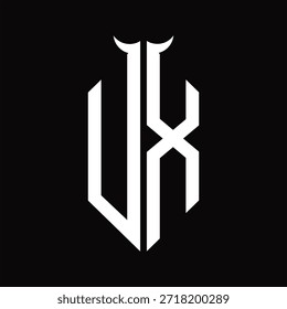 Monograma del logotipo de UX con la forma del cuerno aislada Plantilla de diseño blanco y negro sobre fondo negro