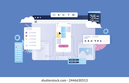 UX mobil Design Prototyp Software - Computer-Browser-Bildschirm arbeitet auf App und Web-Layout in Design-Tool für Profis. Halbflache Design-Vektorillustration mit blauem Hintergrund
