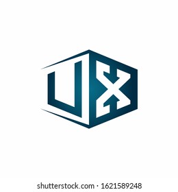 UX monogram logo with hexagon shape and negative space style ribbon design template