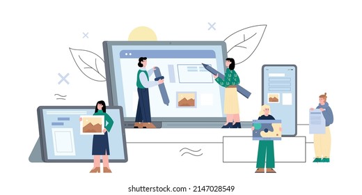 UX research and prototyping project concept of banner, flat vector illustration isolated on white background. Analytics team conducting website usability studies.