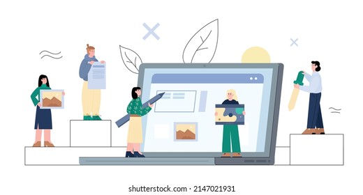 UX research and usability evaluations concept with characters of ui ux designers and programmers team, flat cartoon vector illustration isolated on white background.