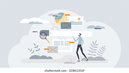 UX research or user experience analysis for website tiny person concept. Effective and responsive web page content interface development with user behavior monitoring and adaption vector illustration.