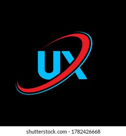 UX U X letter logo design. Initial letter UX linked circle uppercase monogram logo red and blue. UX logo, U X design. ux, u x