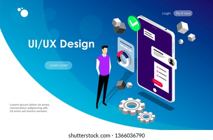 UX \u002F UI design concept with character and text place. Can use for web banner, infographics, hero images. Flat isometric vector illustration isolated on blue gradient  background.