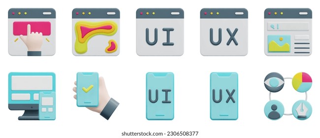 Ux and ui 3d vector icon set. Clicking, design process, heatmap, responsive design, test, ui design, ui, ux design, ux, web. Isolated on white background. 3d icon vector render illustration.