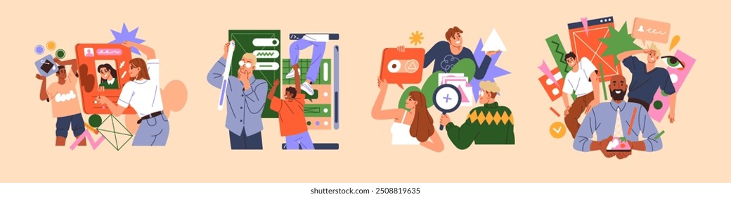 UX UI design in app development set. Designers create user interface for digital devices. Creative team does redesign, update of GUI. Creation of UIUX wireframes. Flat isolated vector illustrations