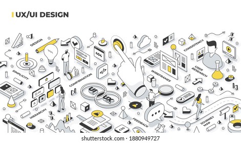 UX, UI design concept. Building user experience roadmap, planning user interaction with the interface. Isometric vector illustration