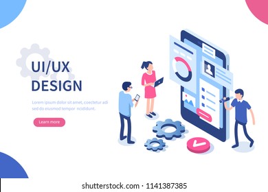 UX / UI Design Concept With Character And Text Place. Can Use For Web Banner, Infographics, Hero Images. Flat Isometric Vector Illustration Isolated On White Background.