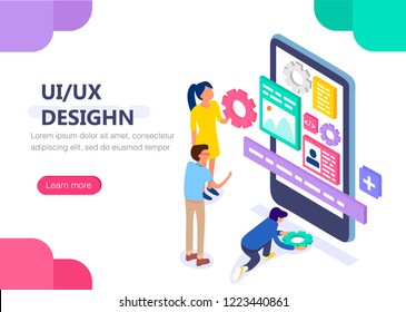 UX / UI design concept with character. Concept for infographics, web banner. Flat isometric vector illustration.