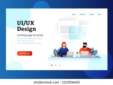 UX / UI design concept with character and text place. Can use for web banner, infographics, hero images. Flat isometric vector illustration isolated on white background. Teamwork, website development.