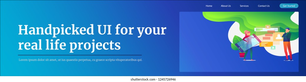 UX / UI design concept with character and text place. Handpicked UI for your real life projects. Can use for web banner. Flat isometric vector illustration  on blue gradient background. Landing page.