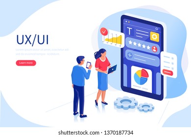 UX / UI design concept with character and text place. Can use for web banner, infographics, hero images. Flat isometric vector illustration isolated on white background.
