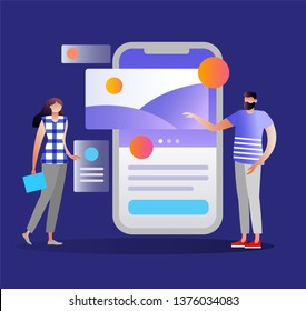 UX UI design concept with character. People testing the interface and usability of a mobile application. Can use for web banner, infographics, hero images. Flat isometric vector illustration